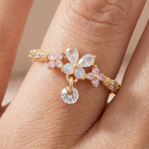 Gold Dipped Cz Tiara Floral Butterfly Arc Crystal Drop Ring