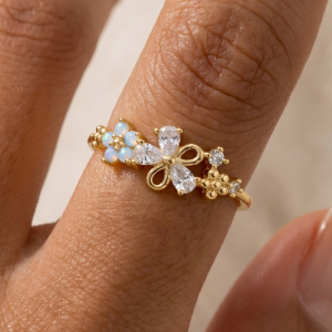 Gold Dipped Cz Floral Opal Cluster Band Ring