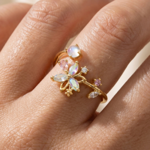 Gold Dipped Cz Iridescent Butterfly Floral Open Ring