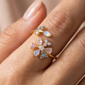 Gold Dipped Cz Multicolor Floral Cluster Open Ring