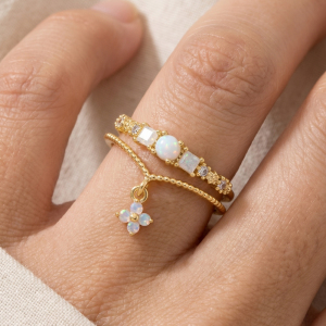 Gold Dipped Cz Opal Double Band With Flower Drop Ring