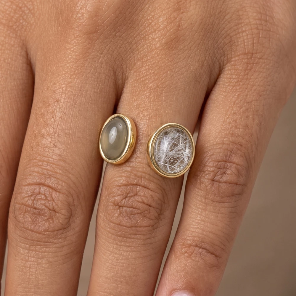 Cabochon And Threaded Dome Open Band Ring