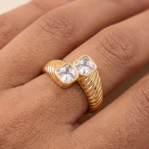 Ribbed Bypass Ring With Double Square Cz