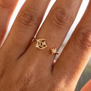 Crescent Moon And Star Open Cuff Ring