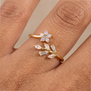 Gold Dipped Flower Baguette Leaf Branch Open Ring