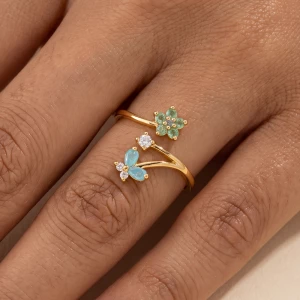 Gold Dipped Butterfly And Flower Cz Bypass Open Ring