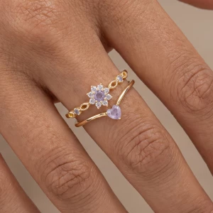 Gold Dipped Halo Flower And Heart Cz Double Open Ring