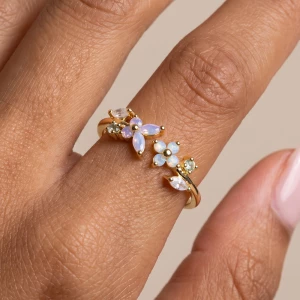 Gold Dipped Butterfly Flower Leaf Cz Open Ring