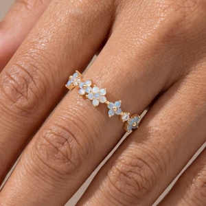 Gold Dipped Opalescent Four Flower Cz Band Ring
