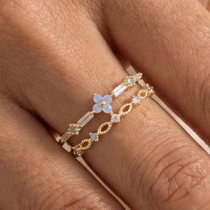 Gold Dipped Opal Flower Baguette Ring