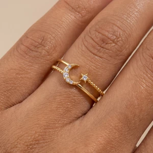 Gold Dipped Crescent Moon Star Cz Double Band Open Ring
