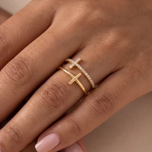 Gold Dipped Double Band Sideways Cross Cz Open Ring
