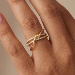 Gold Dipped Crossover Triple Band Cz Knot Open Ring