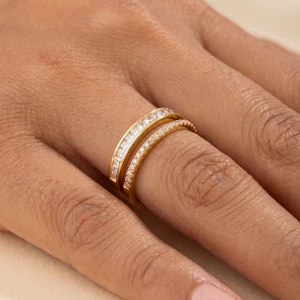 Gold Dipped Double Band Pave And Channel Cz Open Ring