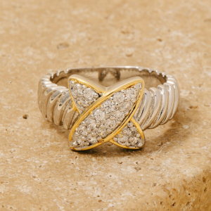 Two Tone Cz Pave X Textured Band Ring