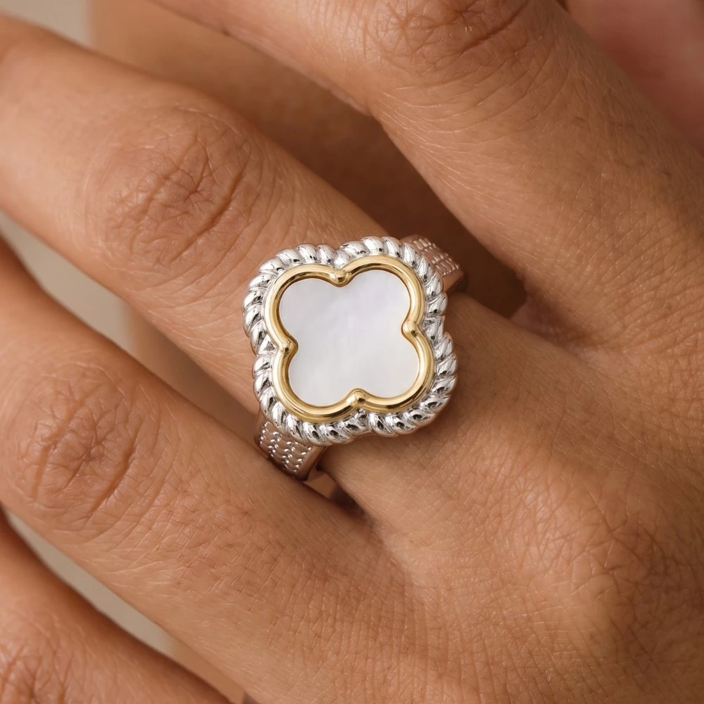 Two Tone Mother Of Pearl Clover Band Ring