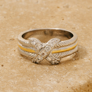 Two Tone Cz Pave X Band Ring