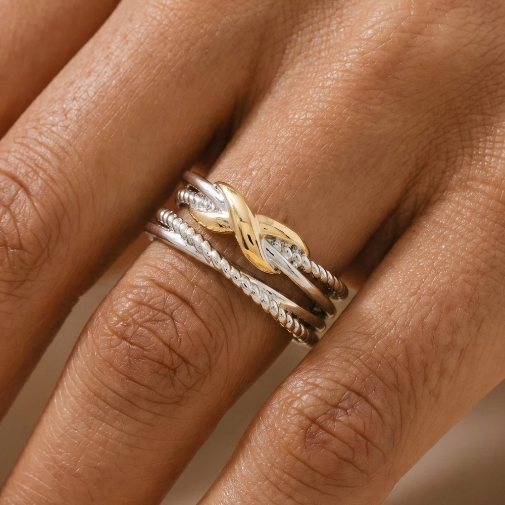 Two Tone X Rope Textured Band Ring