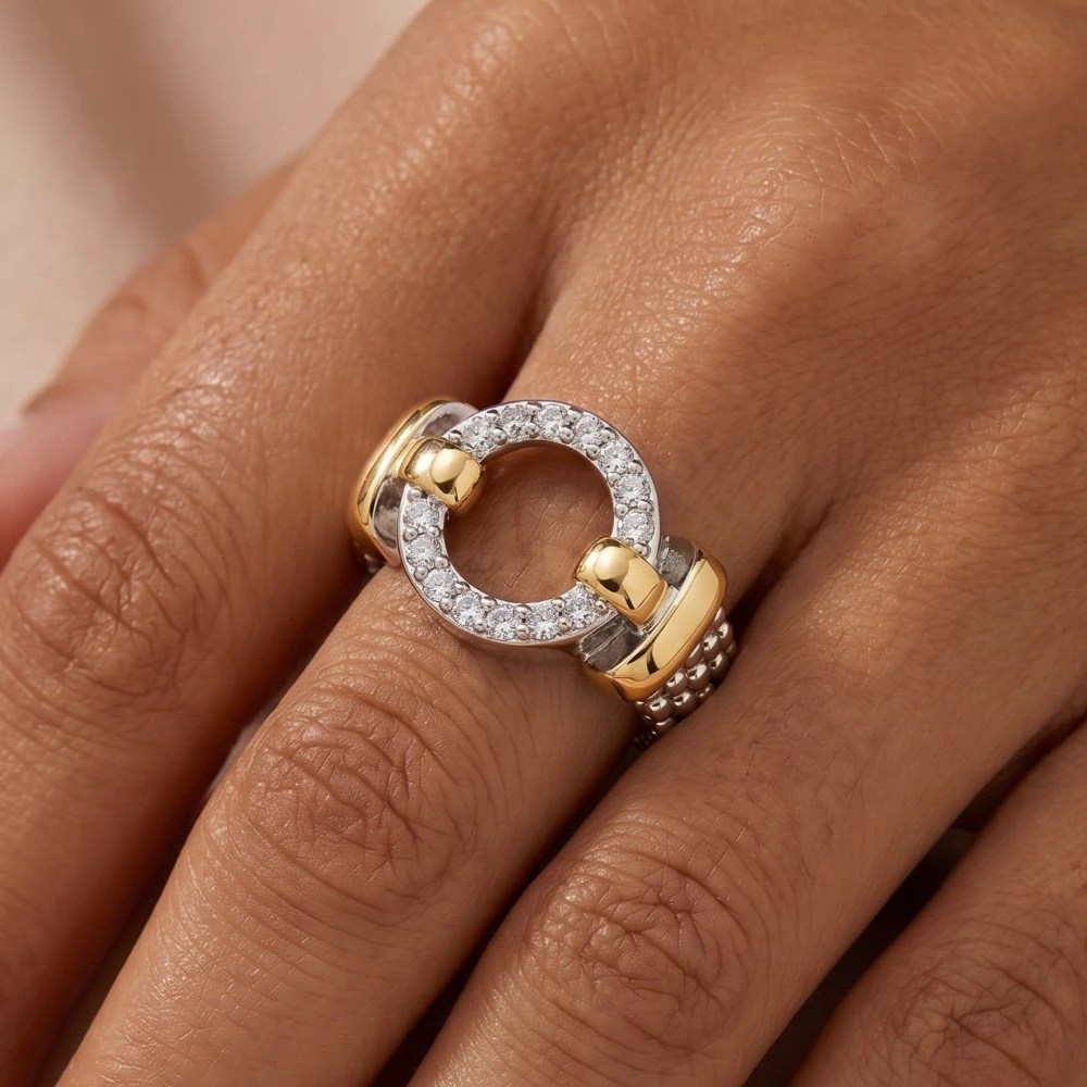 Gold Plated Two Tone Cz Pave Circle Signet Band Ring
