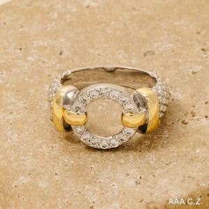 Gold Plated Two Tone Cz Pave Circle Signet Band Ring