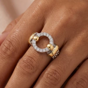 Gold Plated Two Tone Cz Pave Circle Signet Band Ring