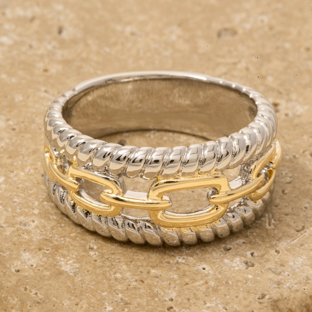 Gold Dipped Two Tone Rope And Chain Pattern Ring