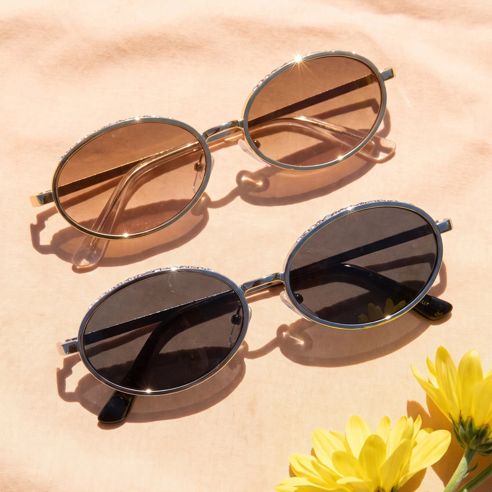 Rhinestone Trim Slim Oval Sunglasses