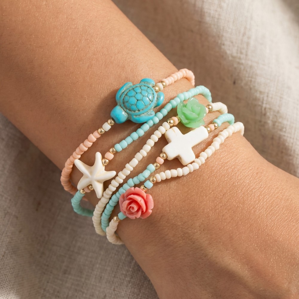 Cross And Sea Life Charms Mixed Beaded Bracelet Set