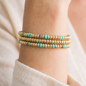 Beaded Stone & Gold Stretch Bracelet Set