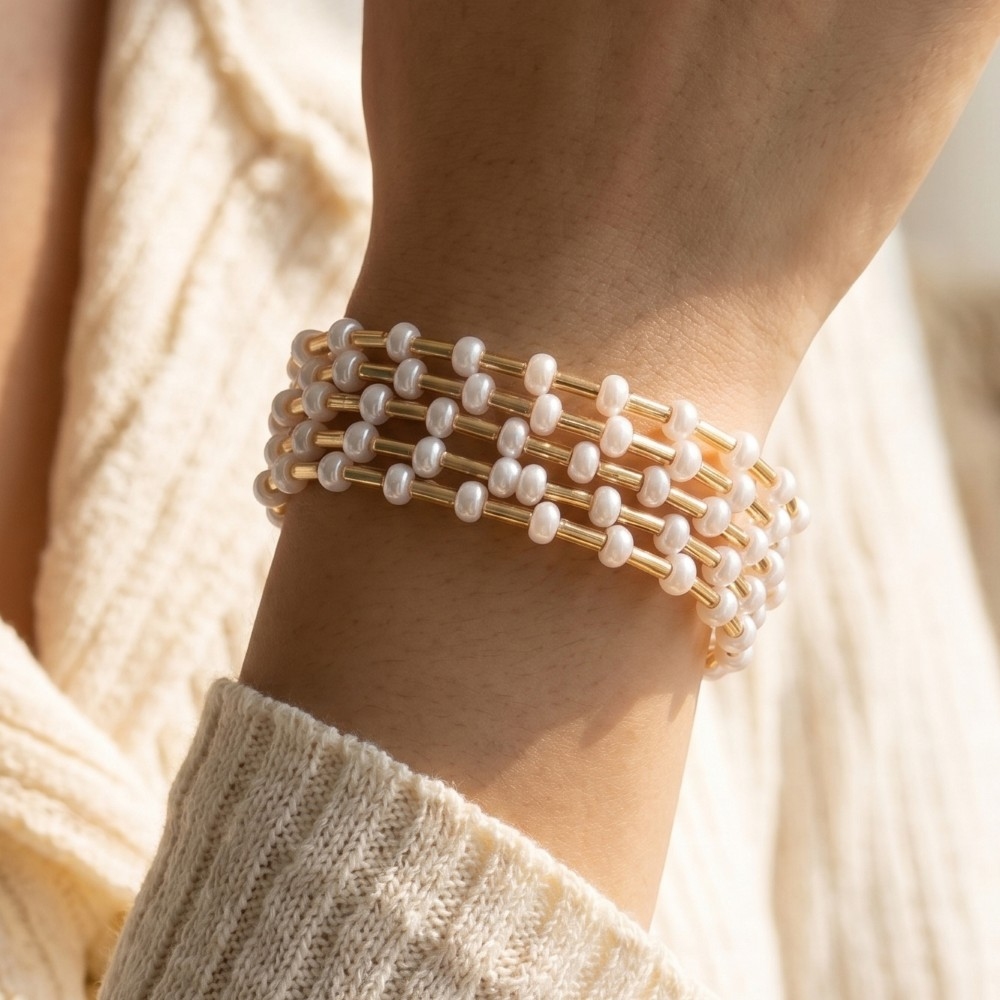 Pearl & Gold Tube Beaded Stretch Bracelet Set