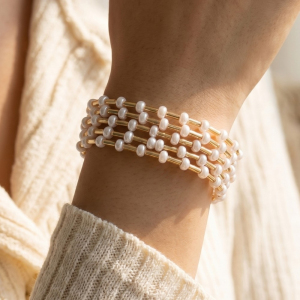 Pearl & Gold Tube Beaded Stretch Bracelet Set
