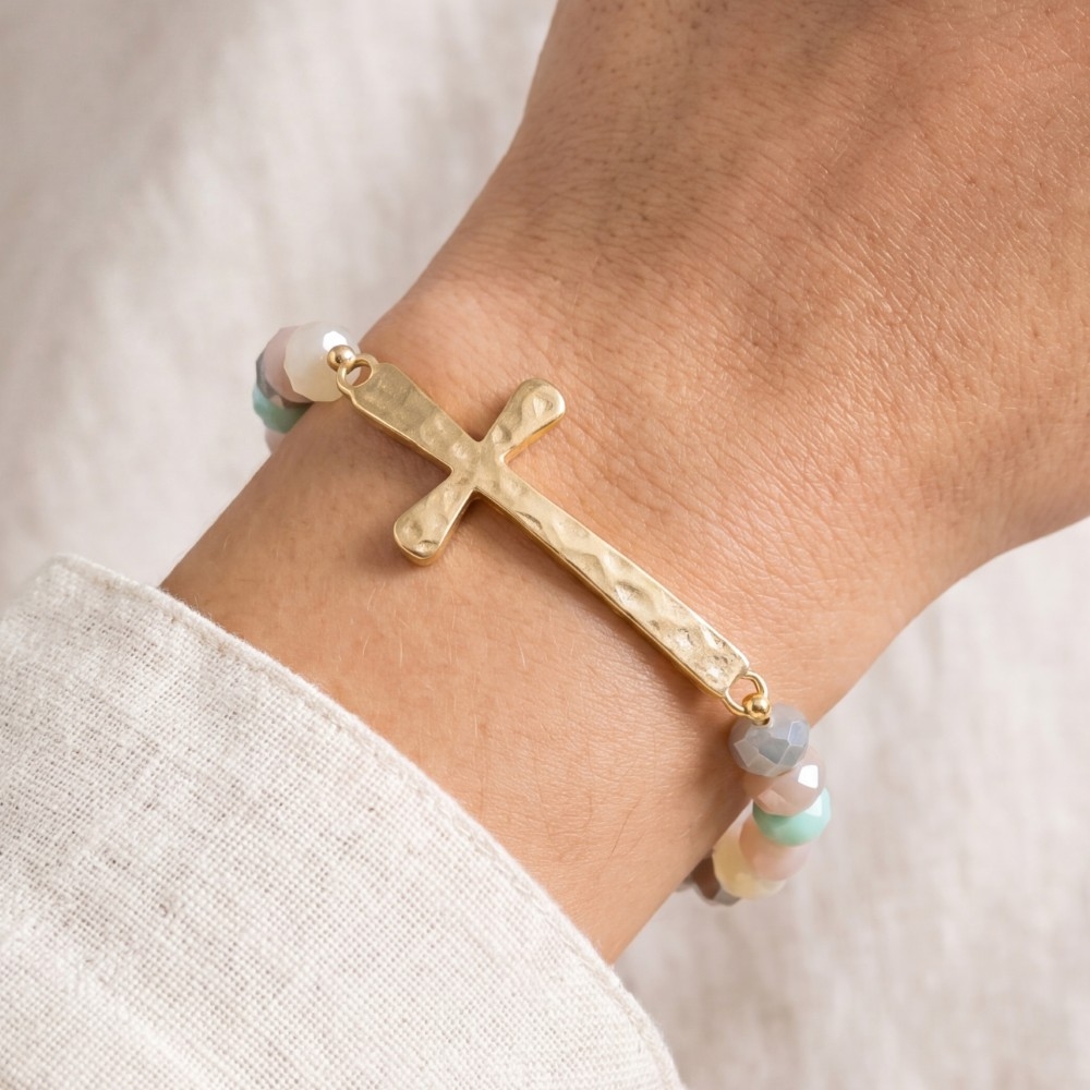 Faceted Crystal Bead Stretch Bracelet With Gold Sideways Cross