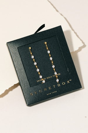 Secret Box Gold Dipped Pearl Beads Station Chain Dangle Earrings