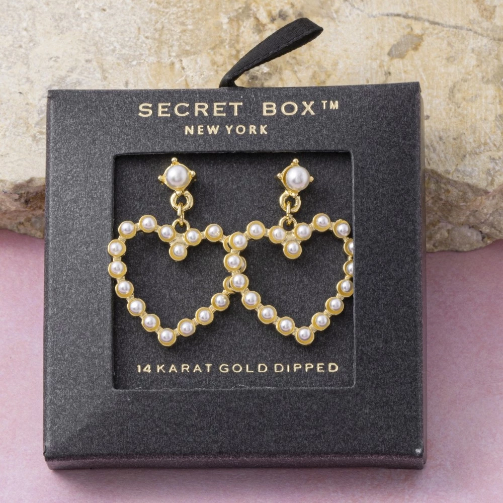Gold Dipped Pearl Studded Heart Dangle Earrings