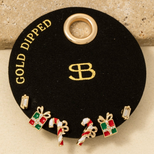 Secret Box Gold Dipped Multi Christmas Theme Stud Earrings Set