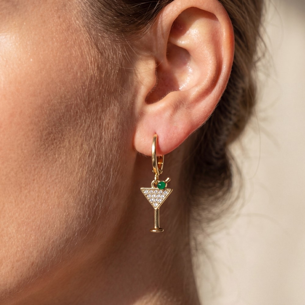 14K Gold Dipped Cz Martini Charm Huggie Earrings