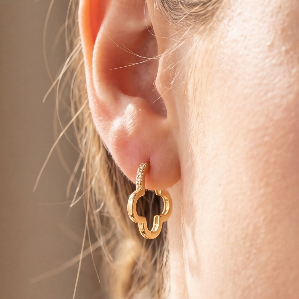 14K Gold Dipped Cz Clover Huggie Earrings