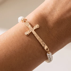 Pearl Beaded Sideways Cross Bracelet