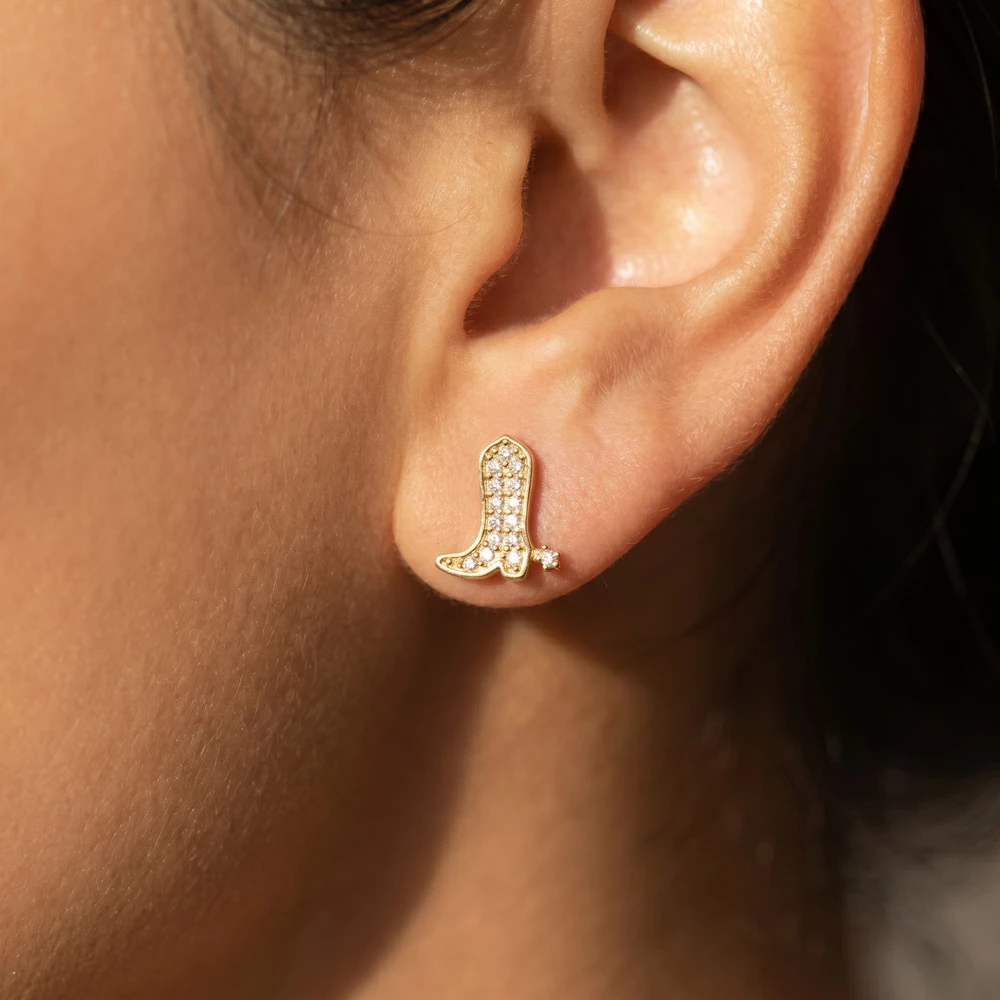 Secret Box Gold Dipped Cz Cowboy Boot Stud Earrings