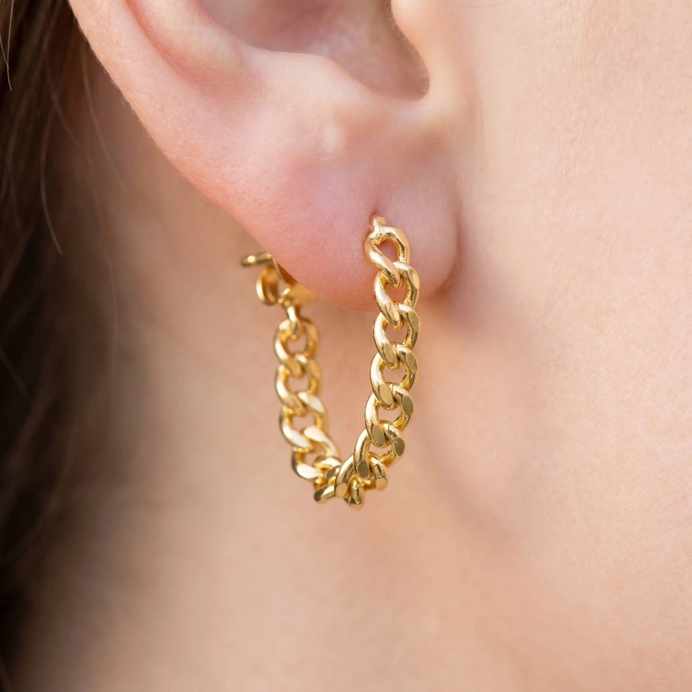 14K Gold Dipped Square Stud Chain Drop Earrings