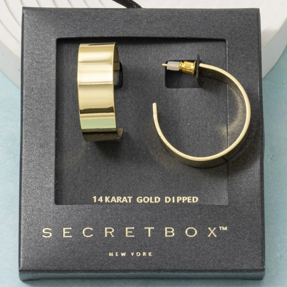 14K Gold Dipped Secret Box Wide Flat Hoop Earrings