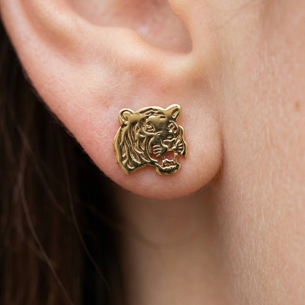 Secret Box Gold Dipped Tiger Head Stud Earrings