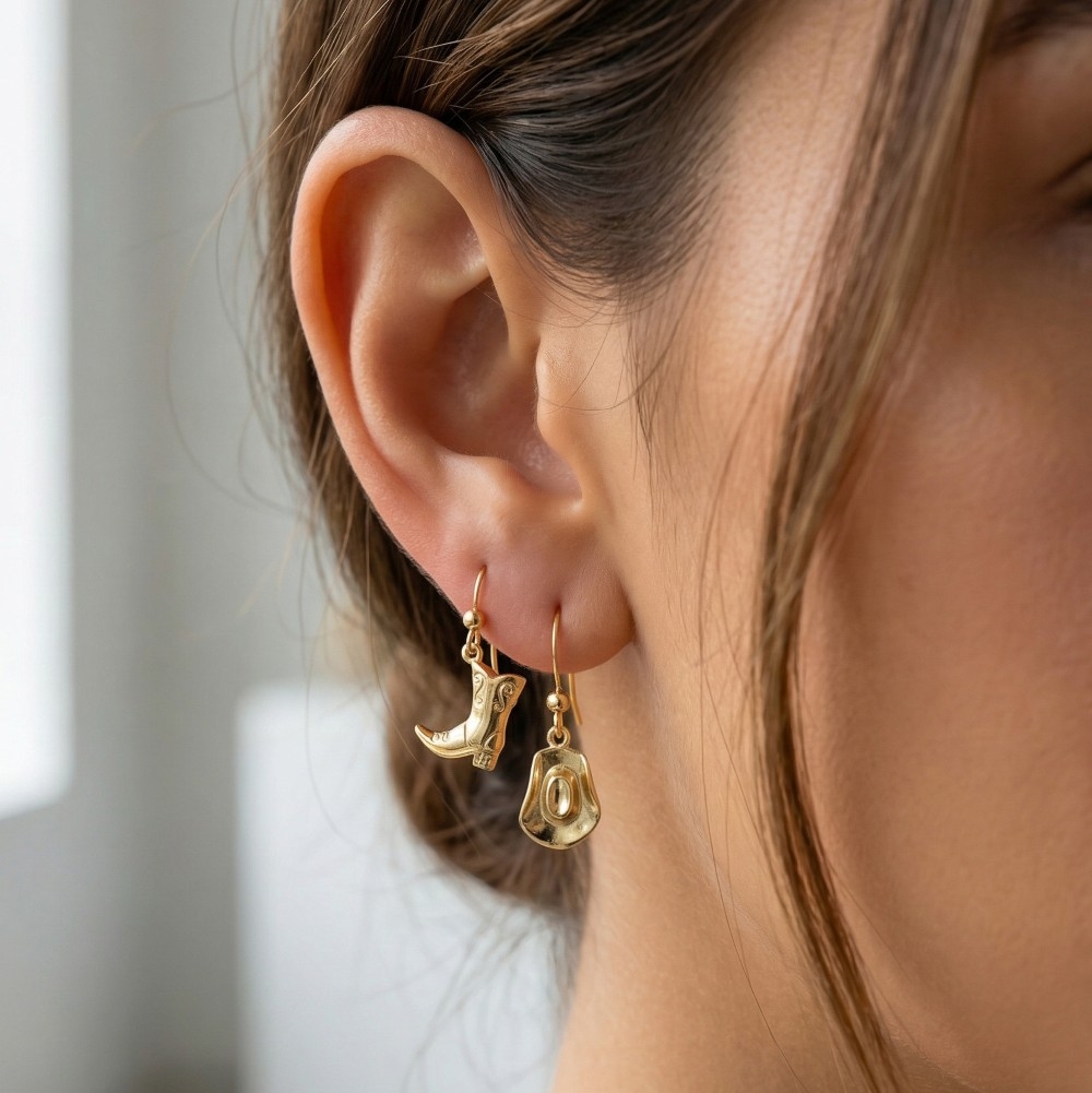 Secret Box Gold Dipped Cowboy Boots And Hat Drop Earrings