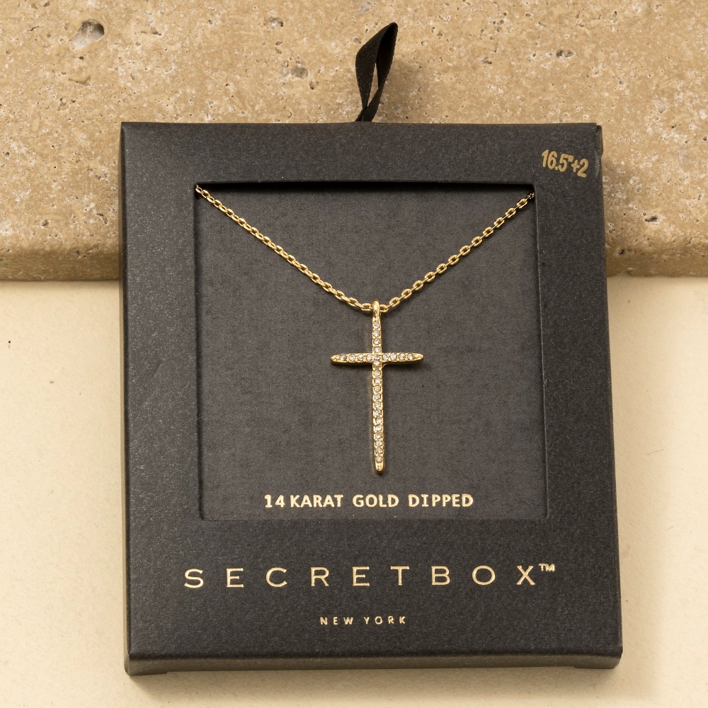 Secret Box Gold Dipped Thin Cz Cross Pendant Necklace