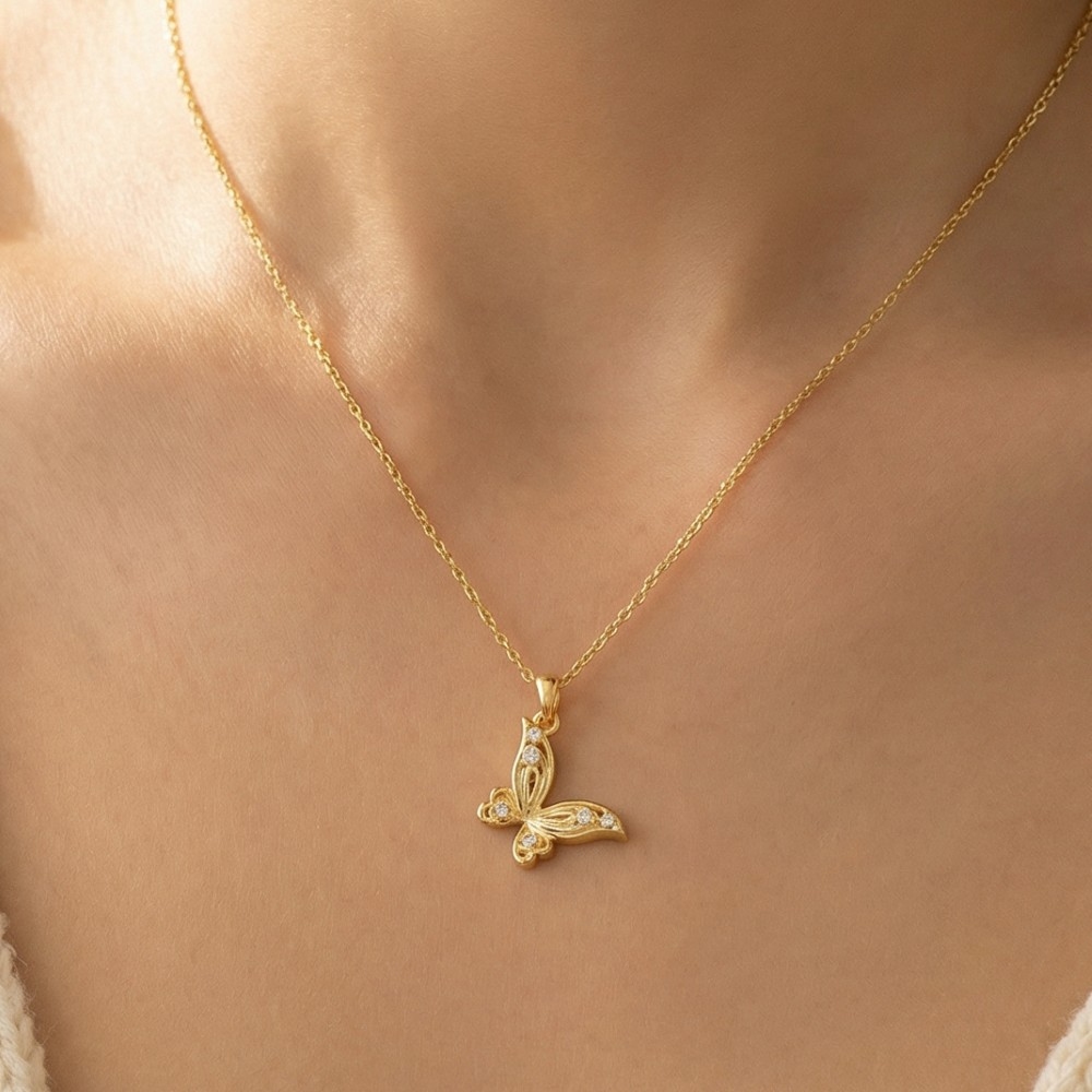 14K Gold Dipped Cz Butterfly Pendant Necklace