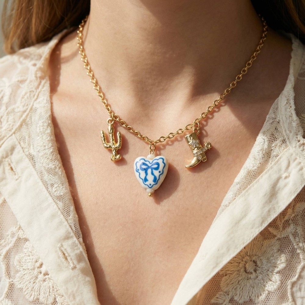 Gold Dipped Ceramic Bow Heart Western Charms Chain Necklace