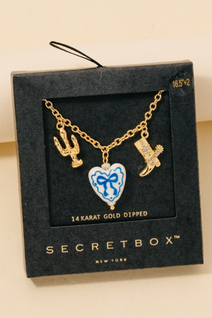 Gold Dipped Ceramic Bow Heart Western Charms Chain Necklace