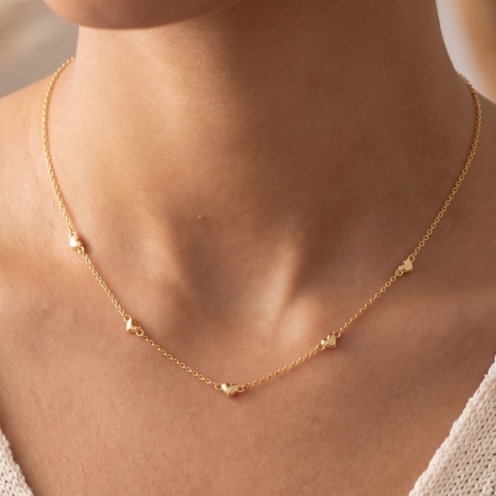 14K Gold Dipped Triple Heart Station Necklace