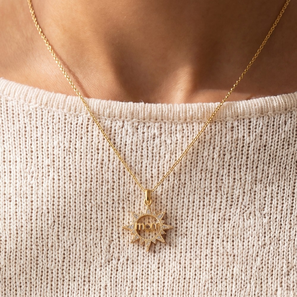 14K Gold Dipped Cz Mom Sunburst Necklace