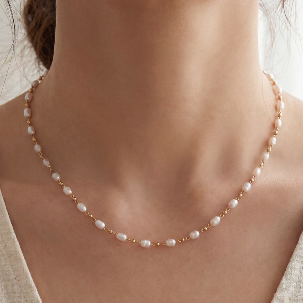 14K Gold Dipped Pearl And Bead Station Necklace